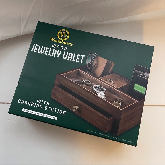 Elegant Woodbury Wood Jewelry Valet with Built-in Charging Station - Picture 1 of 5